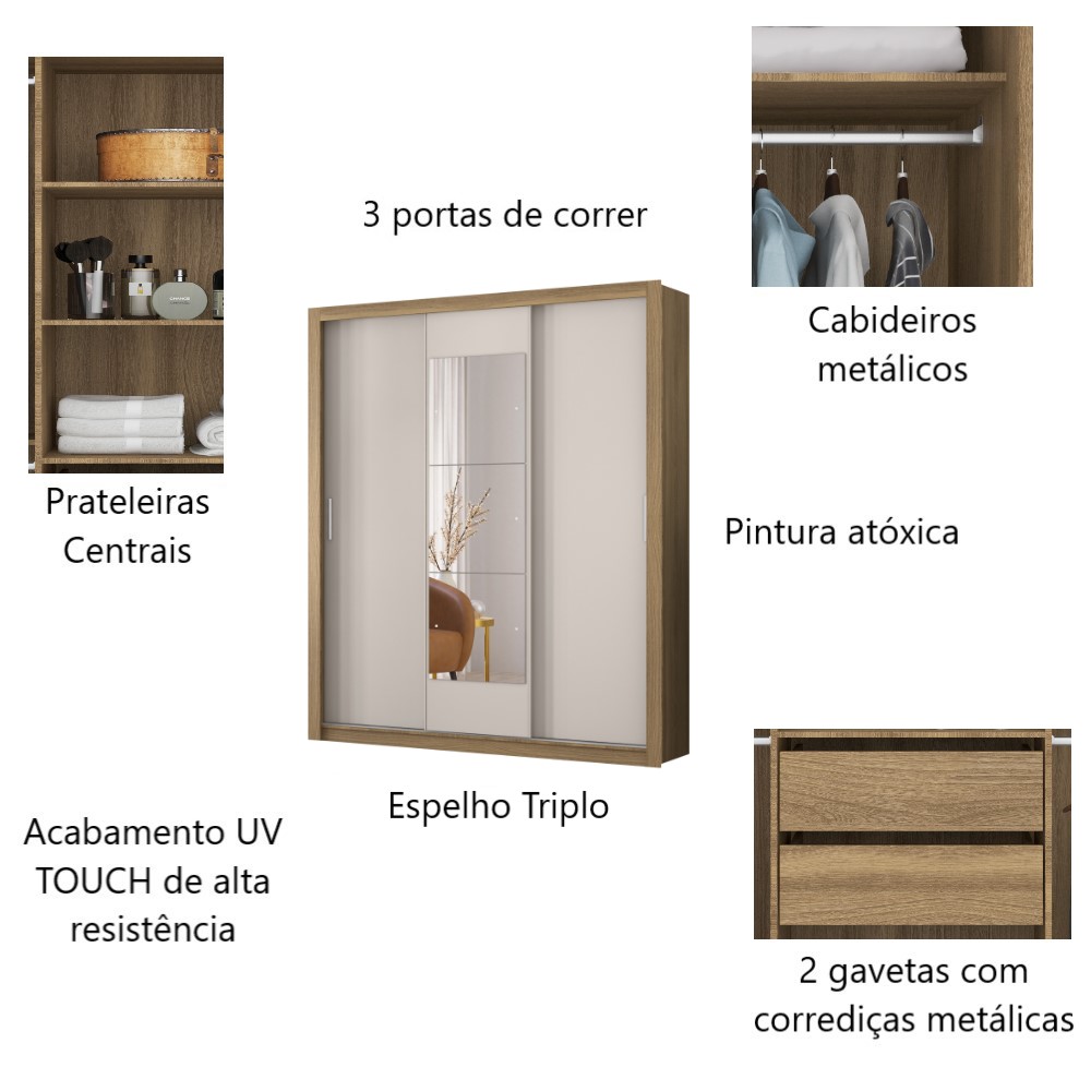 Guarda Roupa Casal Vero 3 portas de correr c/ Espelho - Demobile