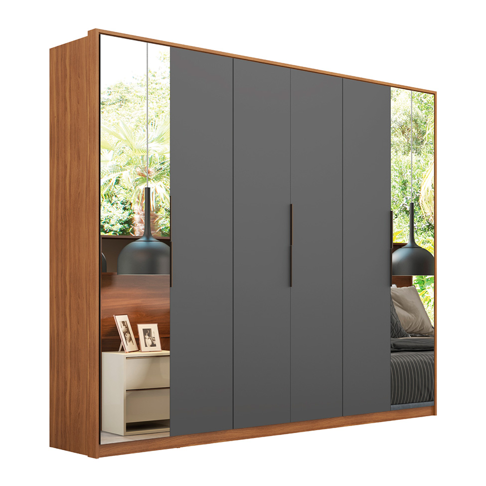 Guarda-Roupa Casal com 2 Espelhos Atrice 6 Portas 6 Gavetas Amêndola e Grafito