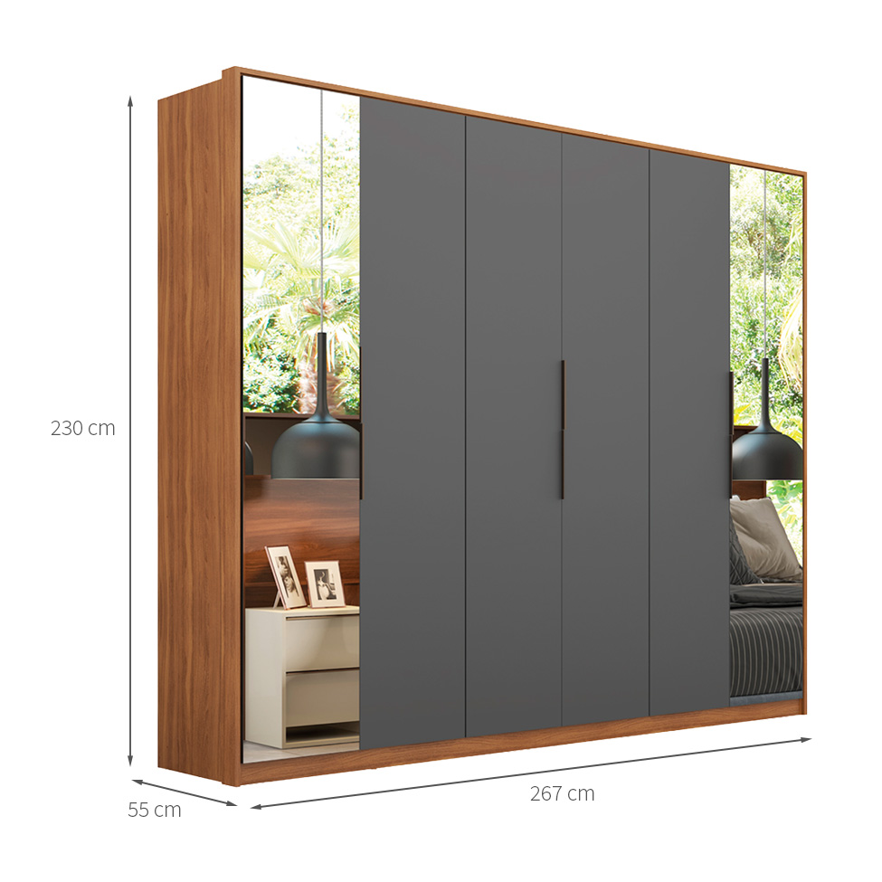 Guarda-Roupa Casal com 2 Espelhos Atrice 6 Portas 6 Gavetas Amêndola e Grafito