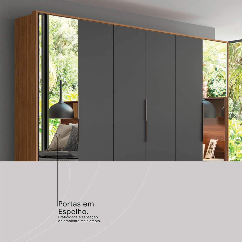 Guarda-Roupa Casal com 2 Espelhos Atrice 6 Portas 6 Gavetas Amêndola e Grafito