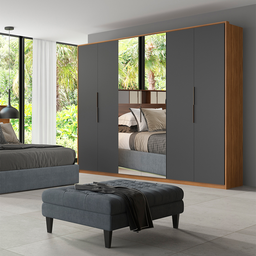 Guarda-Roupa Casal com 2 Espelhos Atrice 6 Portas 6 Gavetas Amêndola e Grafito