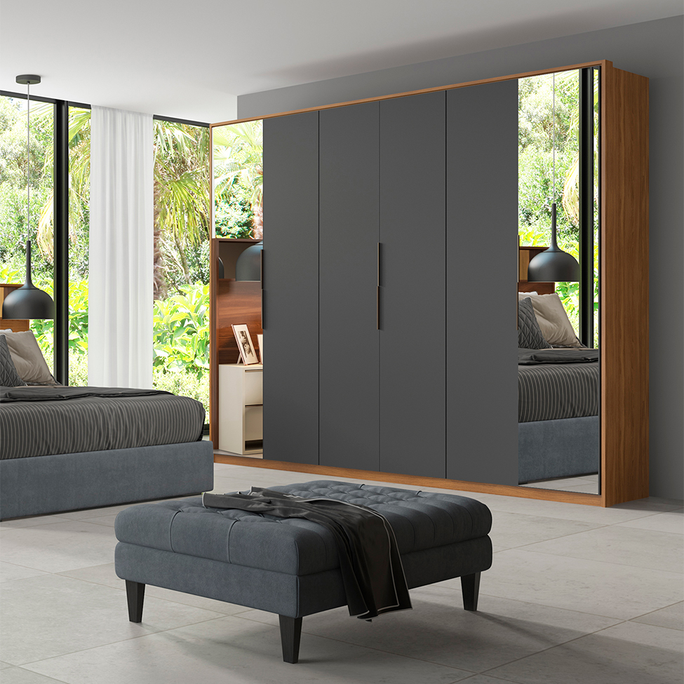 Guarda-Roupa Casal com 2 Espelhos Atrice 6 Portas 6 Gavetas Amêndola e Grafito