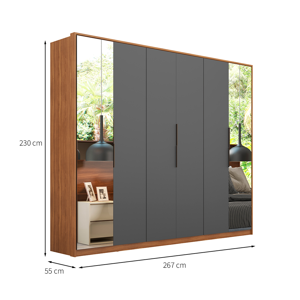 Guarda-Roupa Casal com 2 Espelhos Atrice 6 Portas 6 Gavetas Amêndola e Grafito