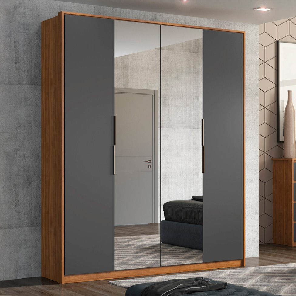 Guarda-Roupa Casal com 2 Espelhos Attore 4 Portas 3 Gavetas Amêndola e Grafito