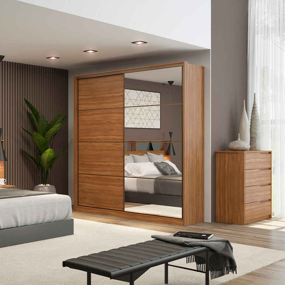 Guarda-Roupa Casal com Espelho Belga Flex 2 Portas 3 Gavetas Amendola e Grafito