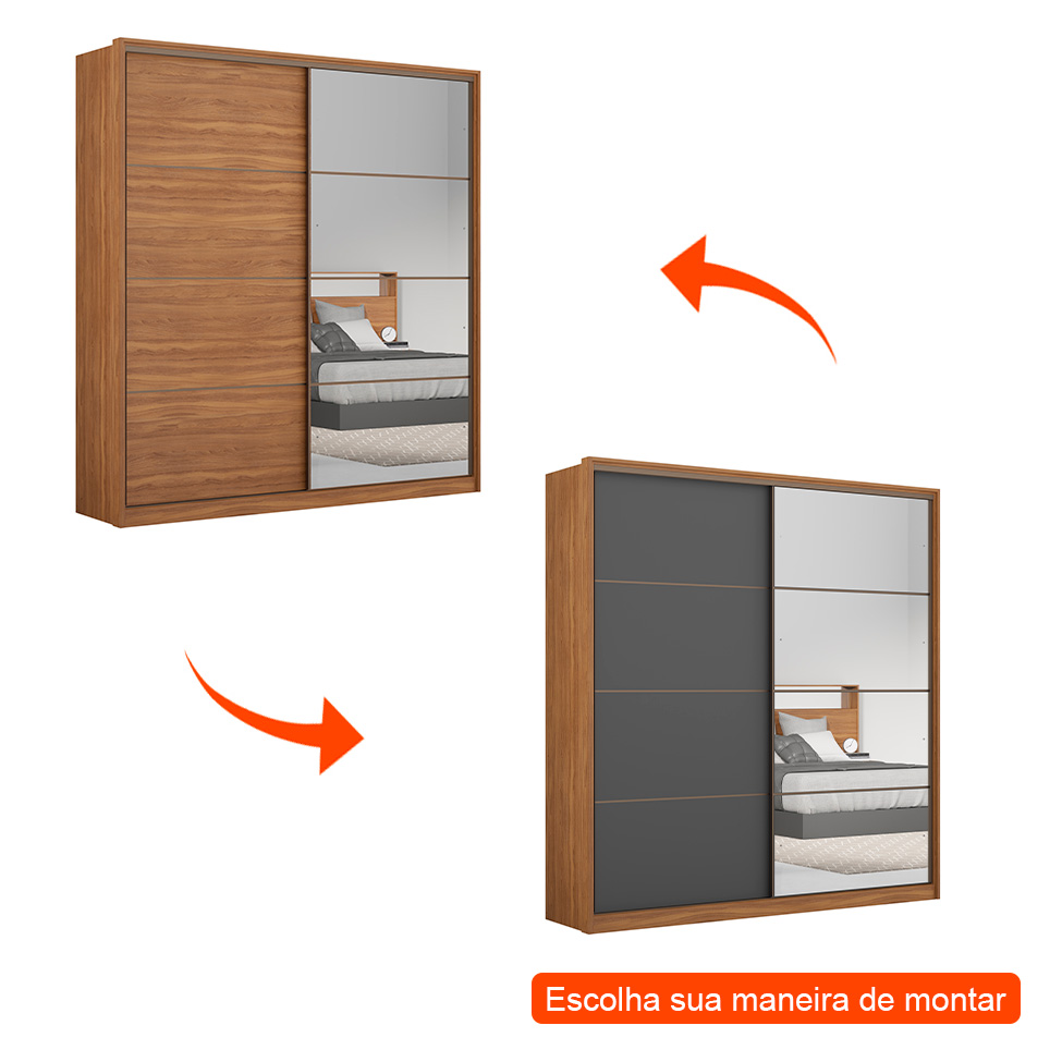 Guarda-Roupa Casal com Espelho Belga Flex 2 Portas 3 Gavetas Amendola e Grafito
