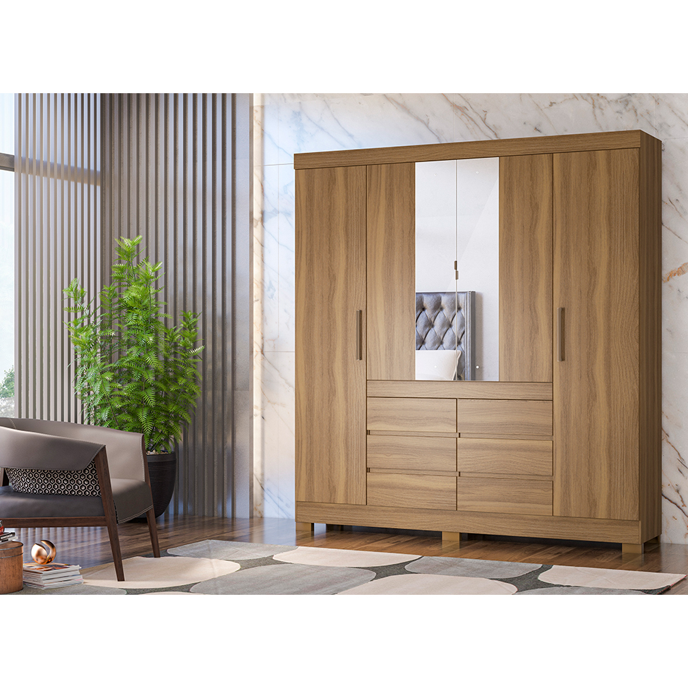 Guarda-Roupa Casal com Espelho Cádis 4 Portas 6 Gavetas Amendola