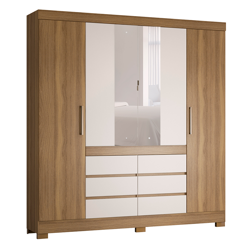 Guarda-Roupa Casal com Espelho Cádis 4 Portas 6 Gavetas Off White e Amendola