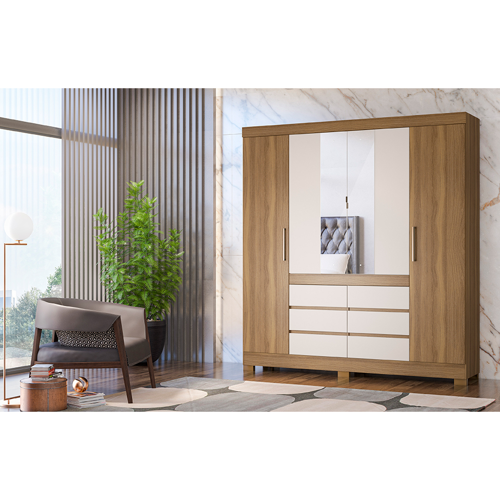 Guarda-Roupa Casal com Espelho Cádis 4 Portas 6 Gavetas Off White e Amendola