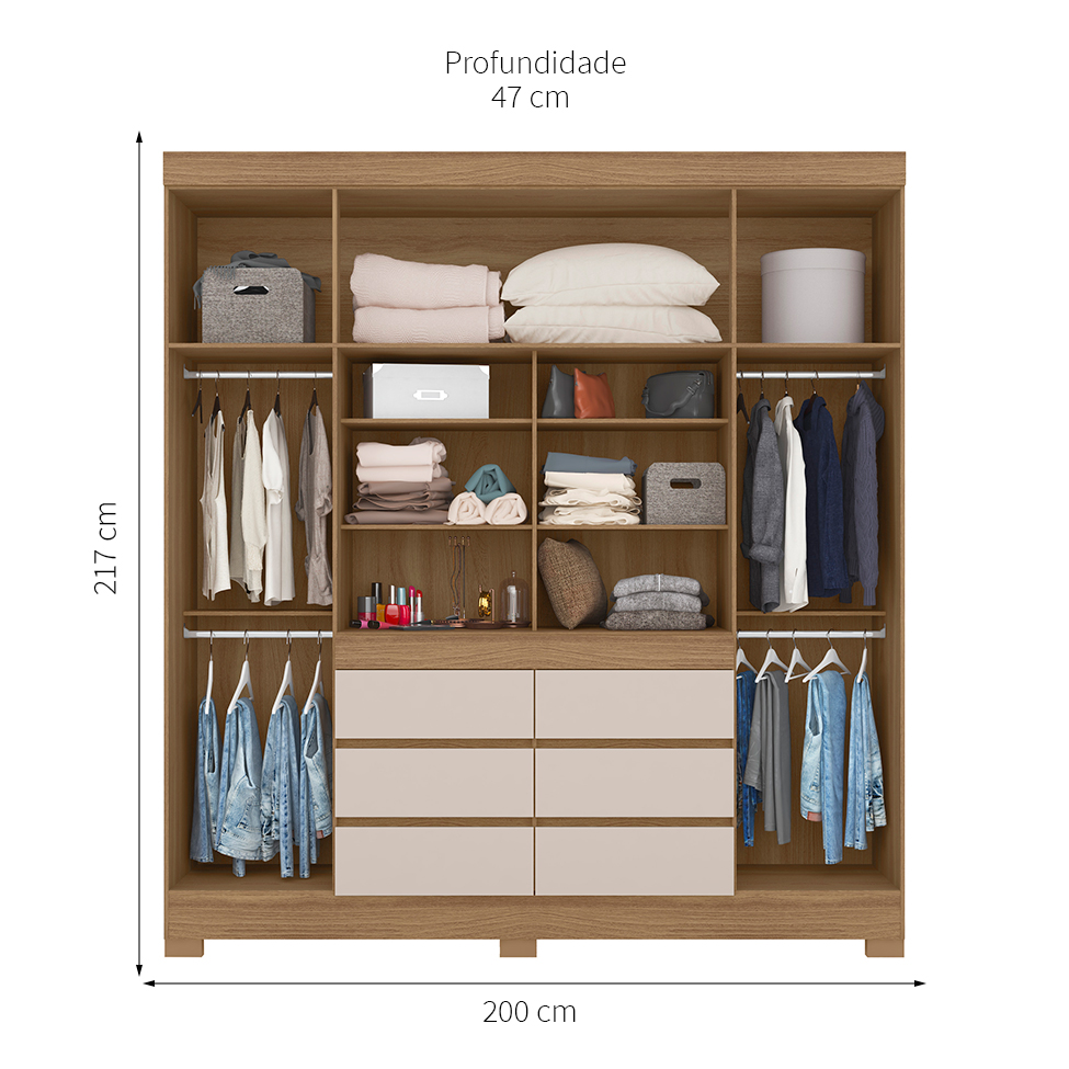 Guarda-Roupa Casal com Espelho Cádis 4 Portas 6 Gavetas Off White e Amendola