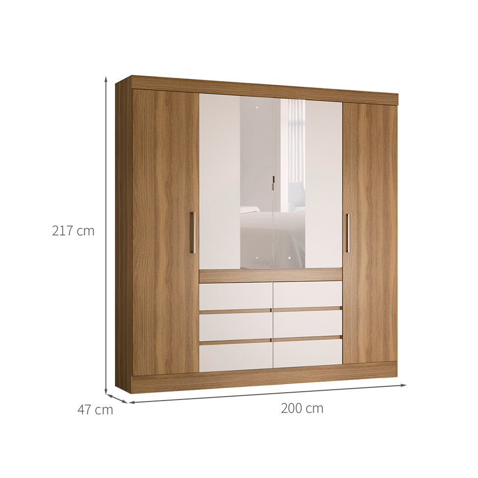 Guarda-Roupa Casal com Espelho Trevi 4 Portas 6 Gavetas Off White e Amendola