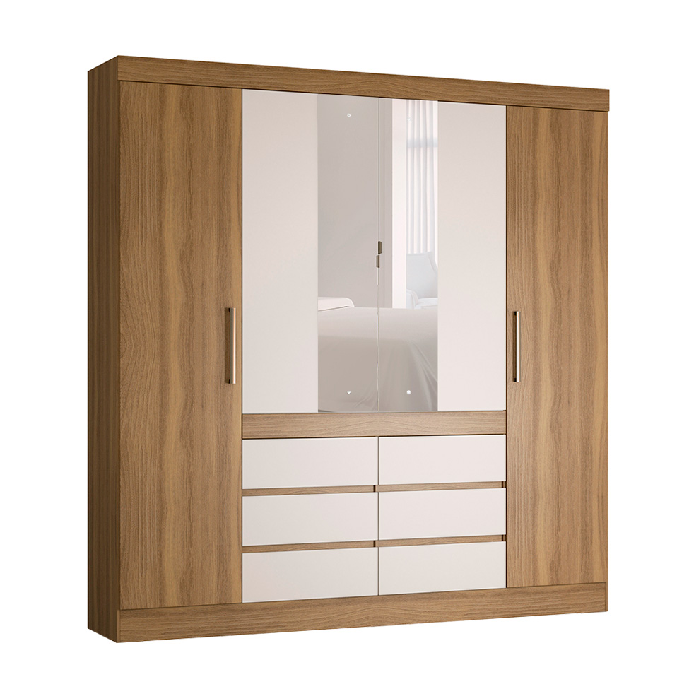 Guarda-Roupa Casal com Espelho Trevi 4 Portas 6 Gavetas Off White e Amendola