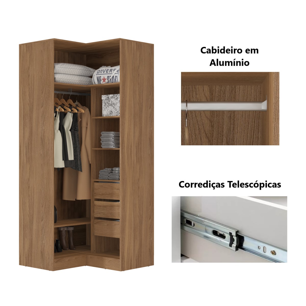 Guarda Roupa Dormitório Modulado Irlanda - Módulo Canto L 2 Portas c/ 3 Gavetas - Roupeiro Demobile