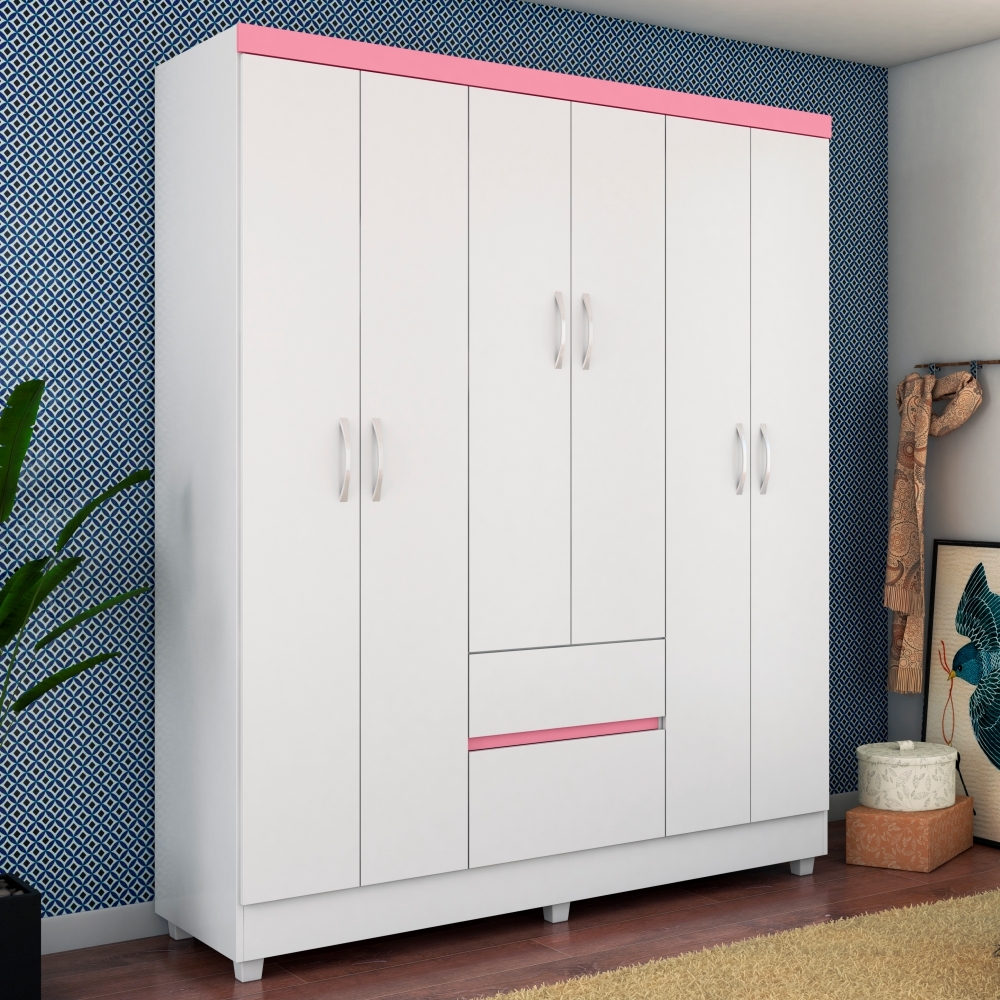 Guarda Roupa Forggia Branco/Rosa/Branco