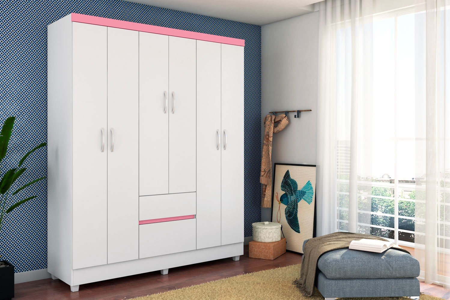 Guarda Roupa Forggia Branco/Rosa/Branco