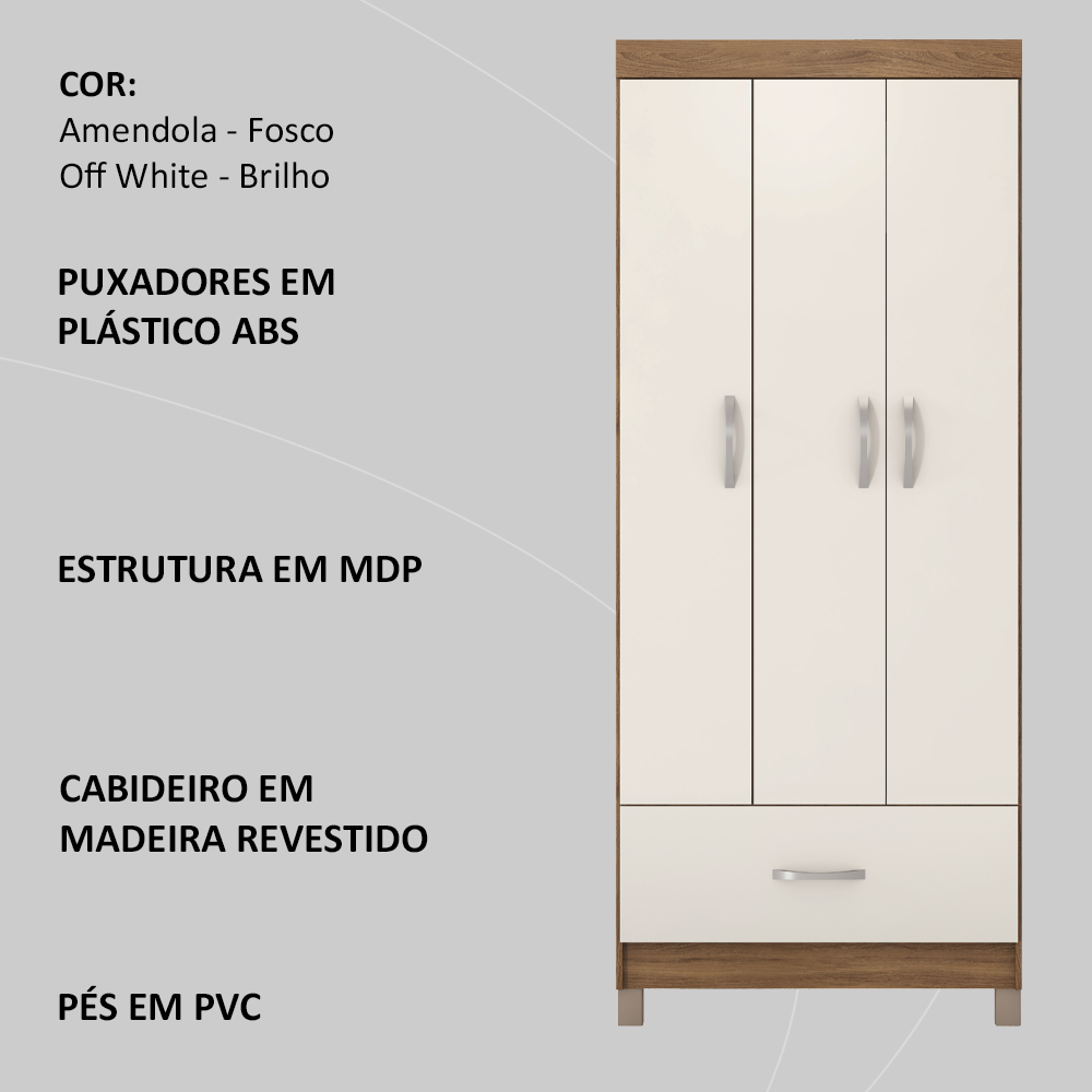 Guarda Roupa Solteiro 03 Portas 31060 Amendola Off White Demobile