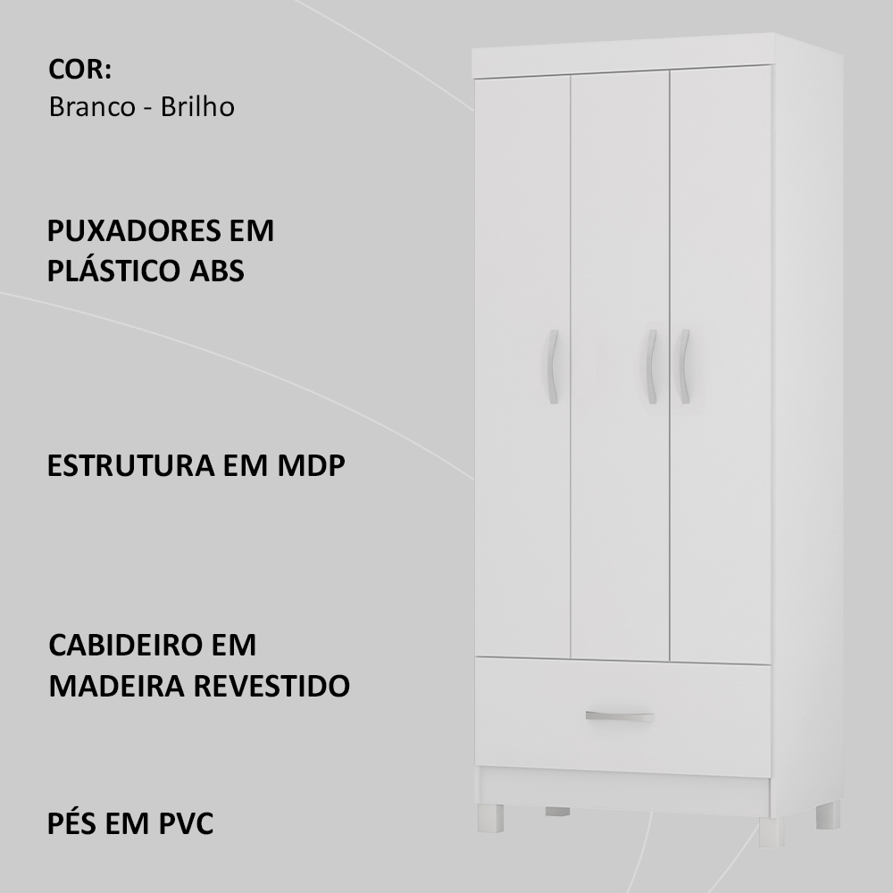 Guarda Roupa Solteiro 03 Portas 31060 Branco Demobile