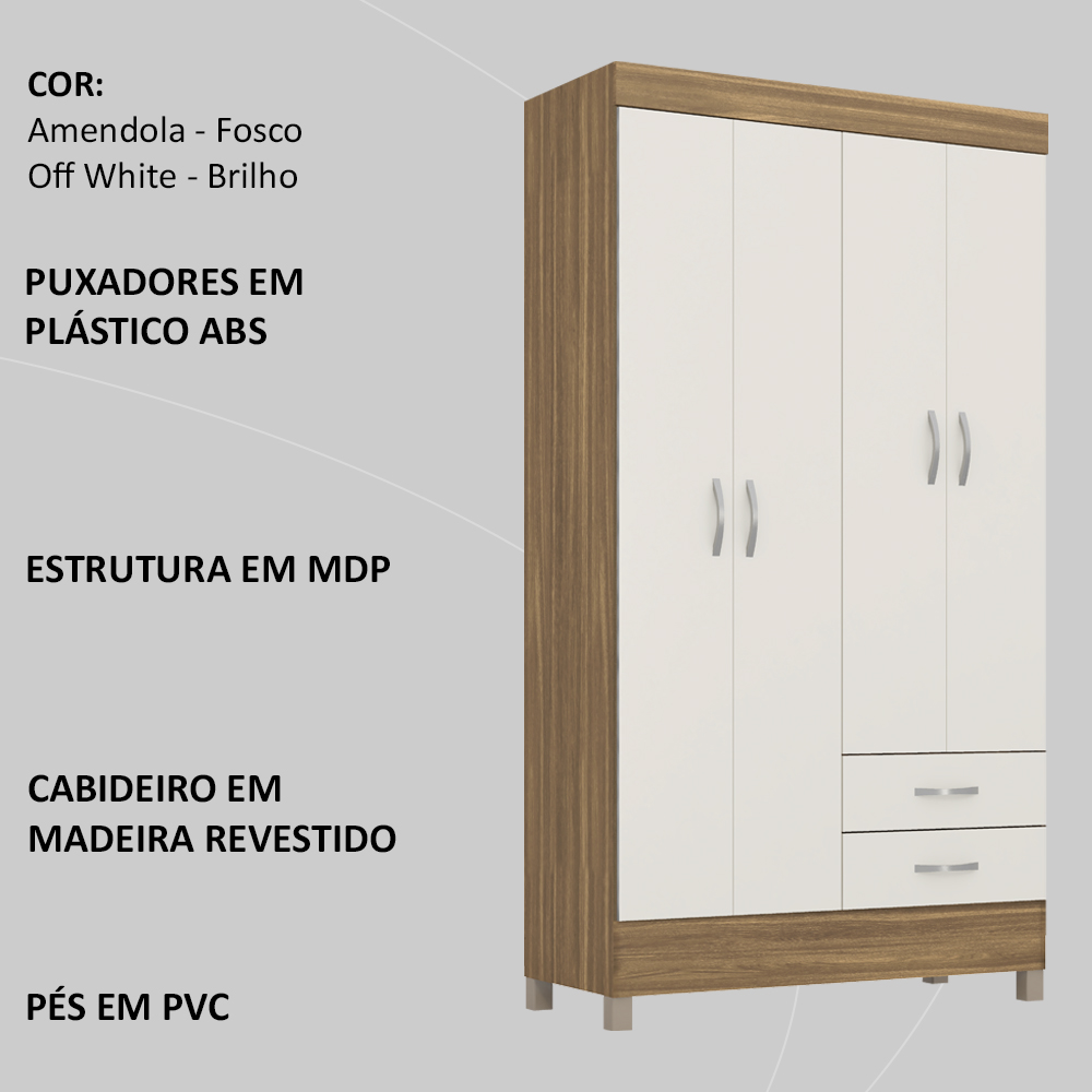 Guarda Roupa Solteiro 04 Portas 42860 Amendola Off White Demobile