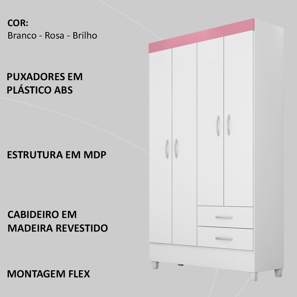 Guarda Roupa Solteiro 04 Portas 42860 Branco Rosa Flex Demobile