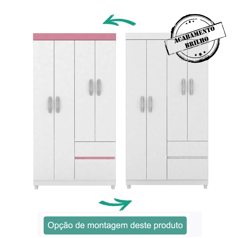 Guarda Roupa Solteiro 04 Portas Lotus Branco Rosa Demobile