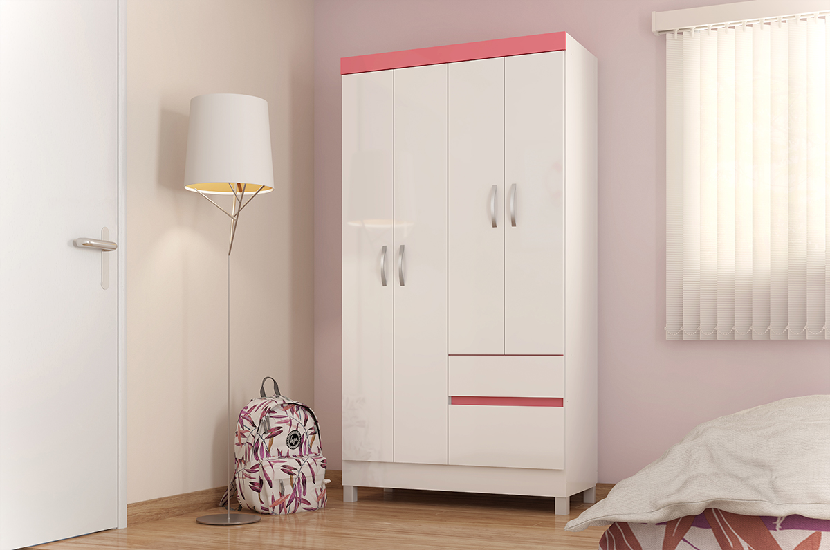Guarda Roupa Solteiro 04 Portas Lotus Branco Rosa Demobile
