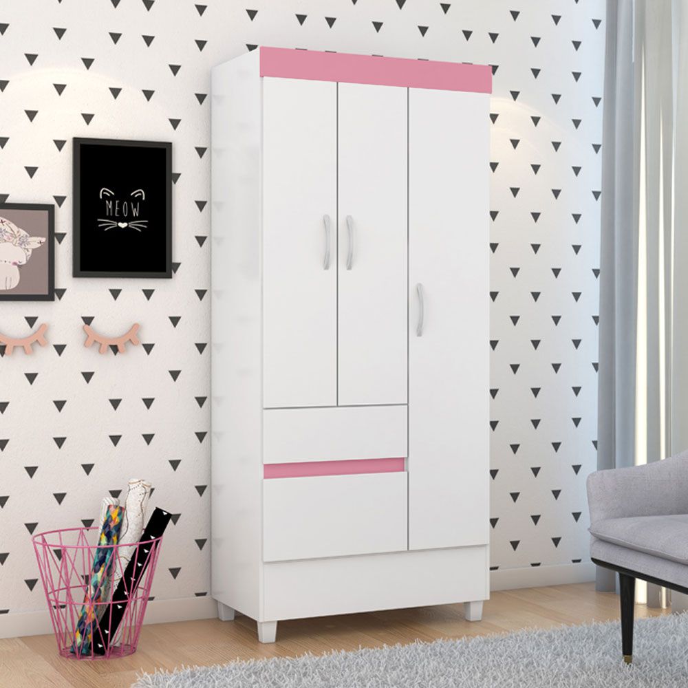 Guarda Roupa Solteiro 3 Portas Wind 32860 Branco Rosa Flex Demóbile