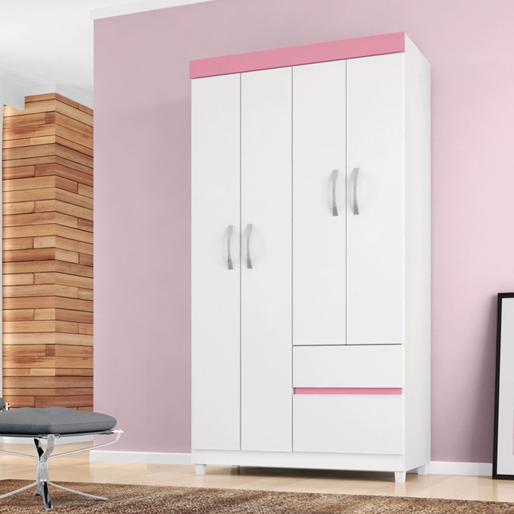 Guarda Roupa Solteiro 4 Portas Lotus 42060 Branco Rosa Flex Demóbile