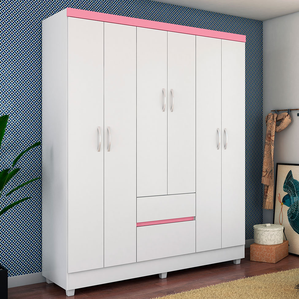 Guarda-Roupa Solteiro Flash Flex 6 Portas 2 Gavetas Branco e Rosa