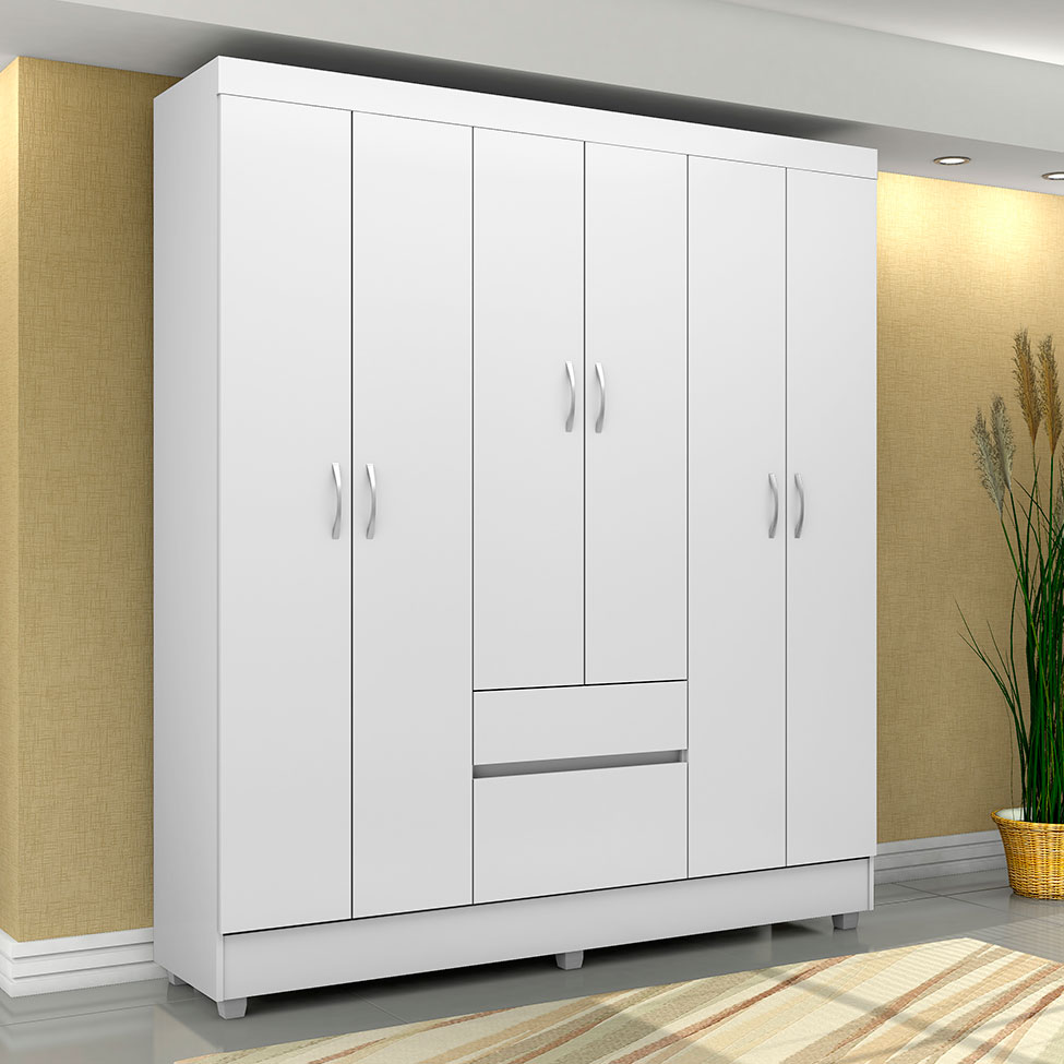 Guarda-Roupa Solteiro Flash Flex 6 Portas 2 Gavetas Branco e Rosa