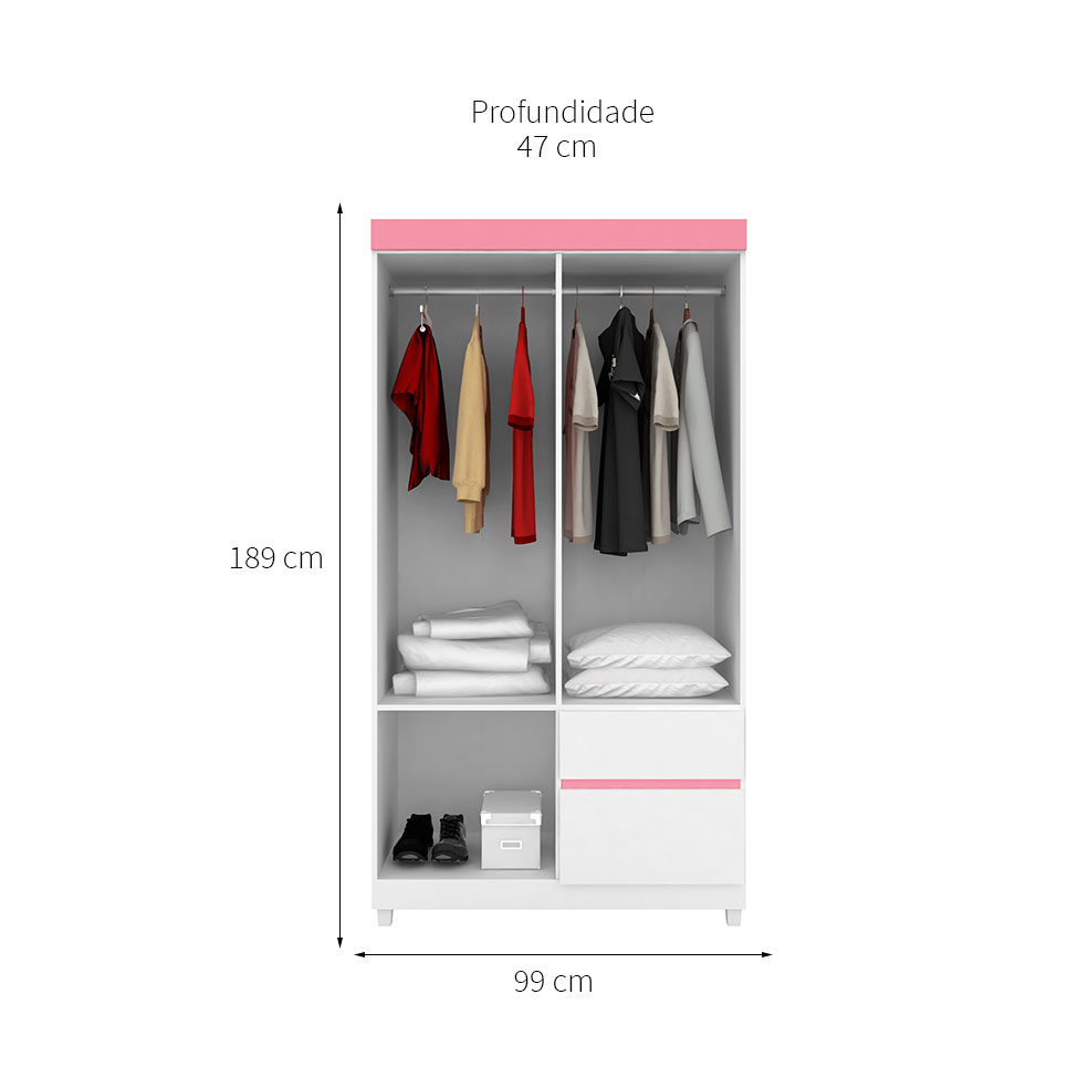 Guarda-Roupa Solteiro Lótus Flex 4 PT 2 GV Branco e Rosa