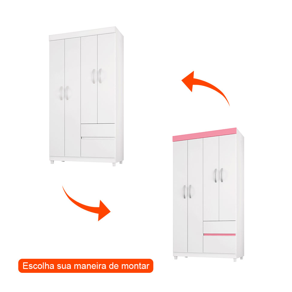 Guarda-Roupa Solteiro Lótus Flex 4 PT 2 GV Branco e Rosa