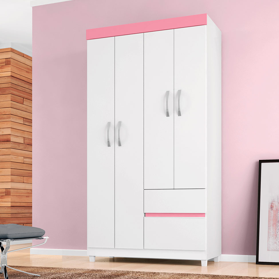 Guarda-Roupa Solteiro Lótus Flex 4 PT 2 GV Branco e Rosa