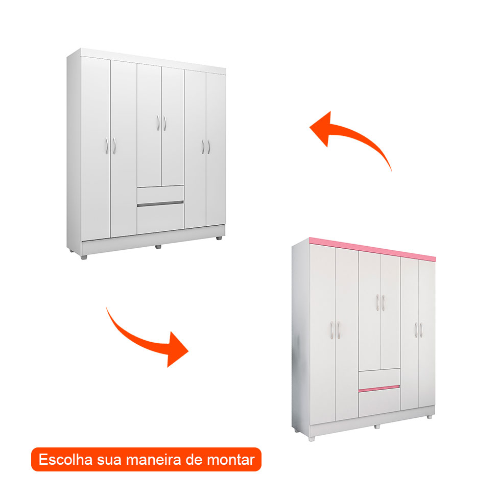 Guarda-Roupa Solteiro Sória Flex 6 Portas 2 Gavetas Branco e Rosa