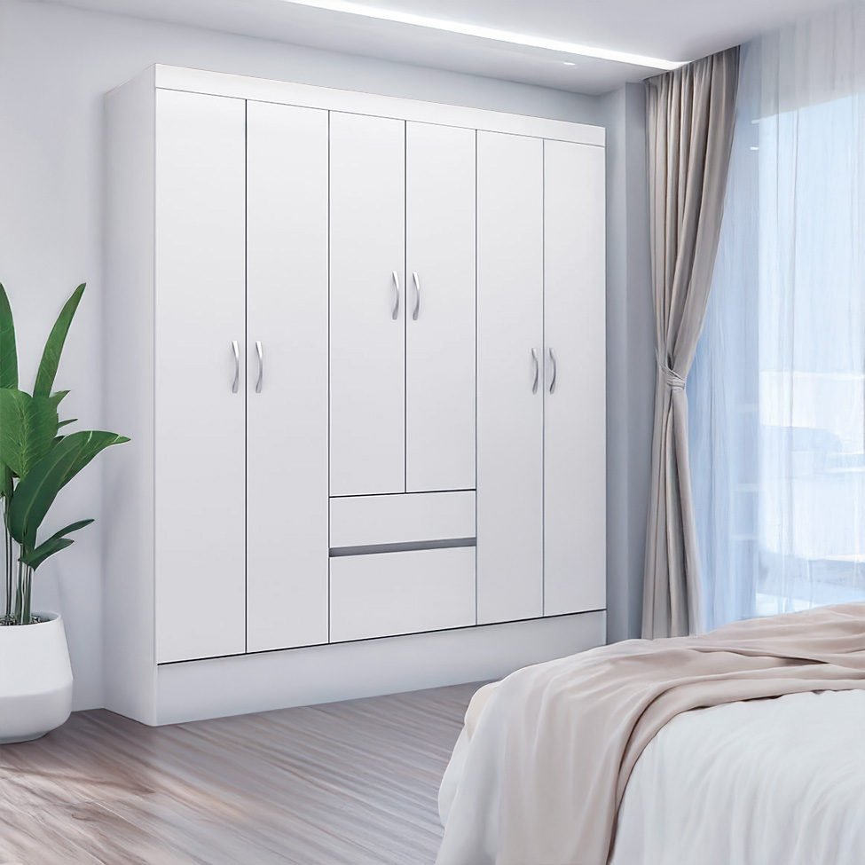 Guarda-Roupa Solteiro Sória Flex 6 Portas 2 Gavetas Branco e Rosa