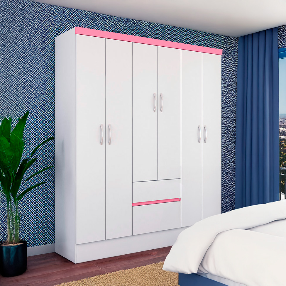 Guarda-Roupa Solteiro Sória Flex 6 Portas 2 Gavetas Branco e Rosa