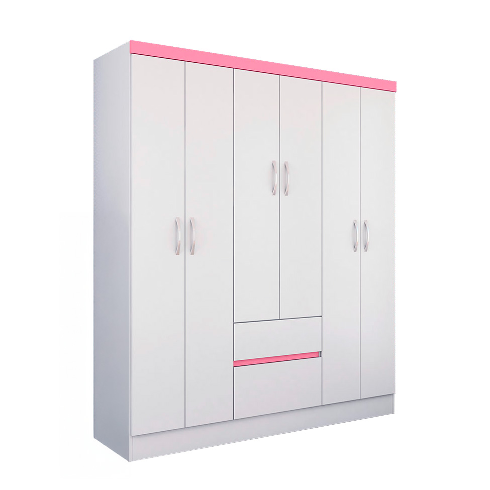Guarda-Roupa Solteiro Sória Flex 6 Portas 2 Gavetas Branco e Rosa