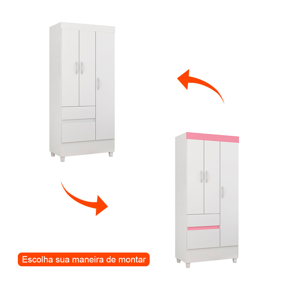 Guarda-Roupa Solteiro Wind Flex 3 Portas 2 Gavetas Branco e Rosa