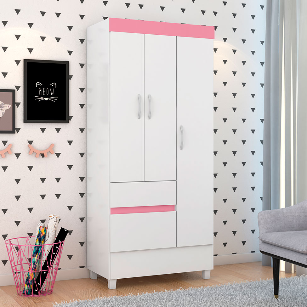 Guarda-Roupa Solteiro Wind Flex 3 Portas 2 Gavetas Branco e Rosa