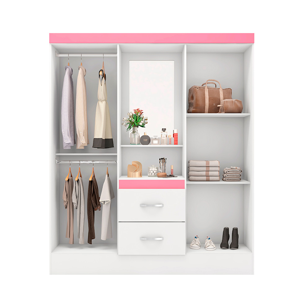 Guarda-Roupa Solteiro com Espelho Embers 4 Portas 2 Gavetas Branco e Rosa