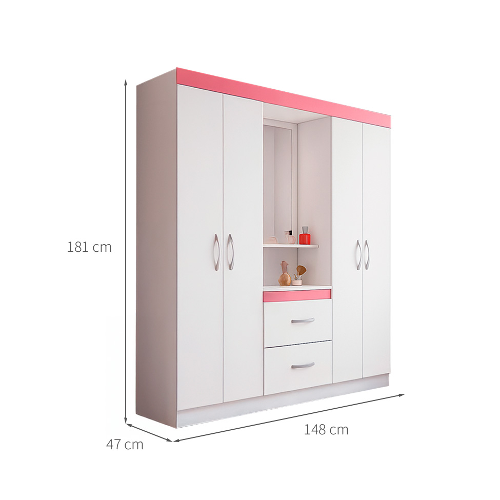 Guarda-Roupa Solteiro com Espelho Embers 4 Portas 2 Gavetas Branco e Rosa