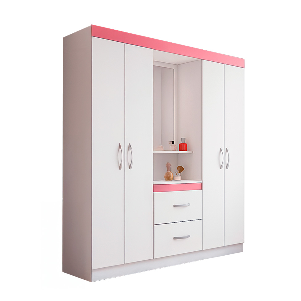 Guarda-Roupa Solteiro com Espelho Embers 4 Portas 2 Gavetas Branco e Rosa