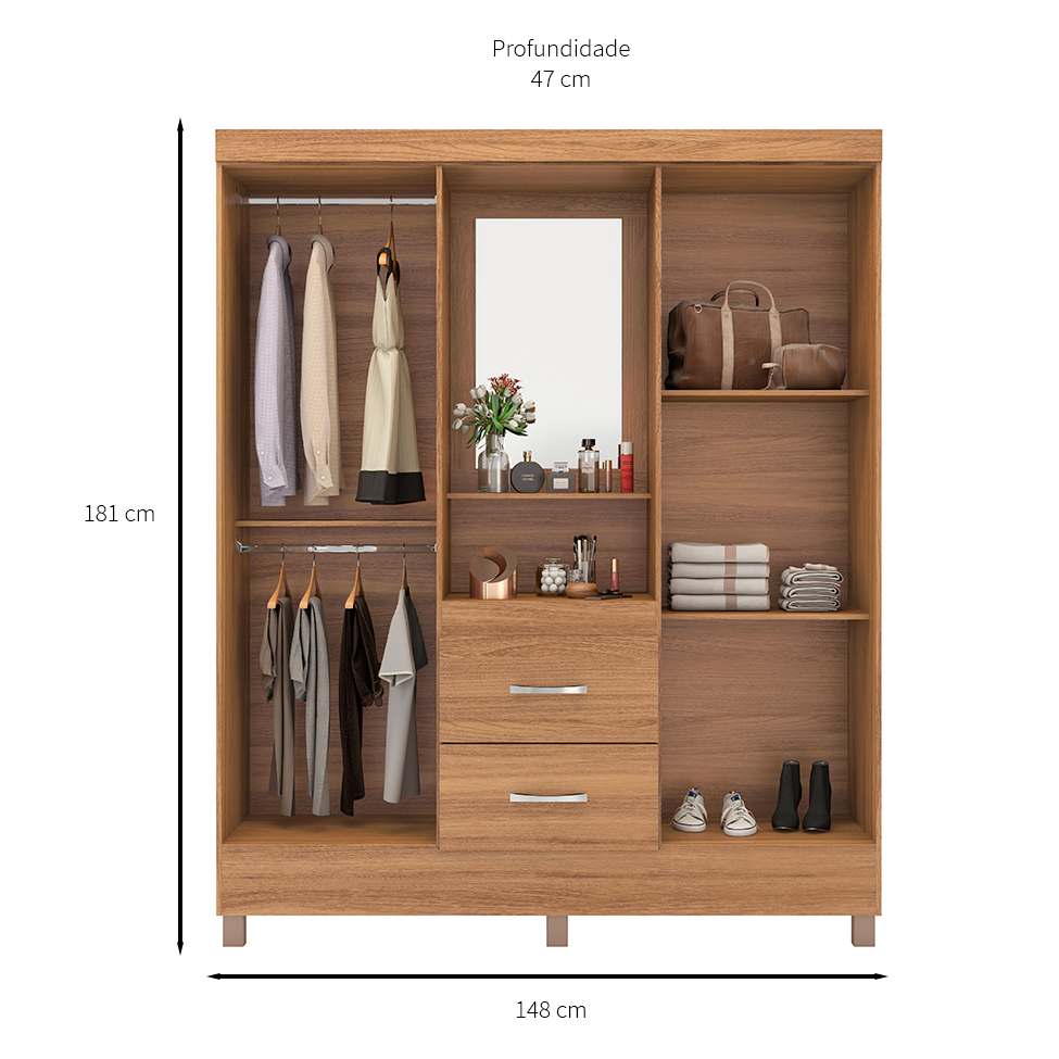 Guarda-Roupa Solteiro com Espelho Lord 4 Portas 2 Gavetas Amêndola