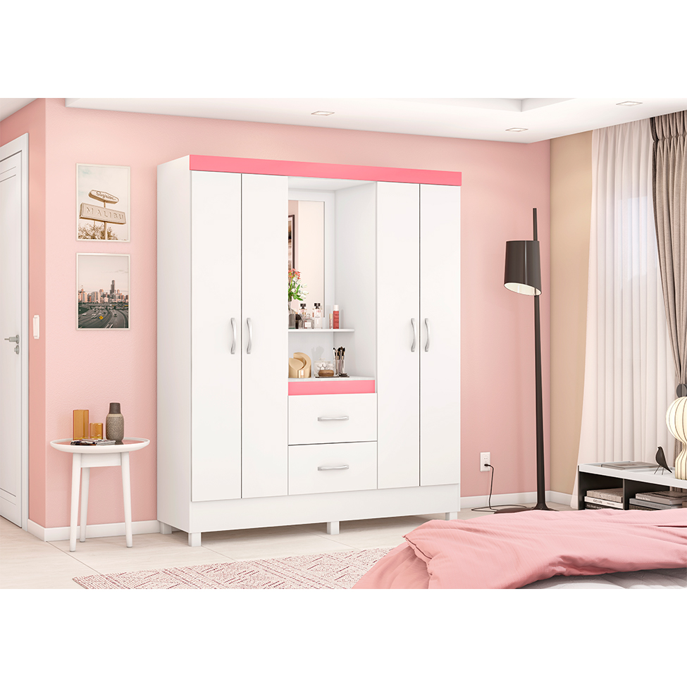 Guarda-Roupa Solteiro com Espelho Lord 4 Portas 2 Gavetas Branco e Rosa
