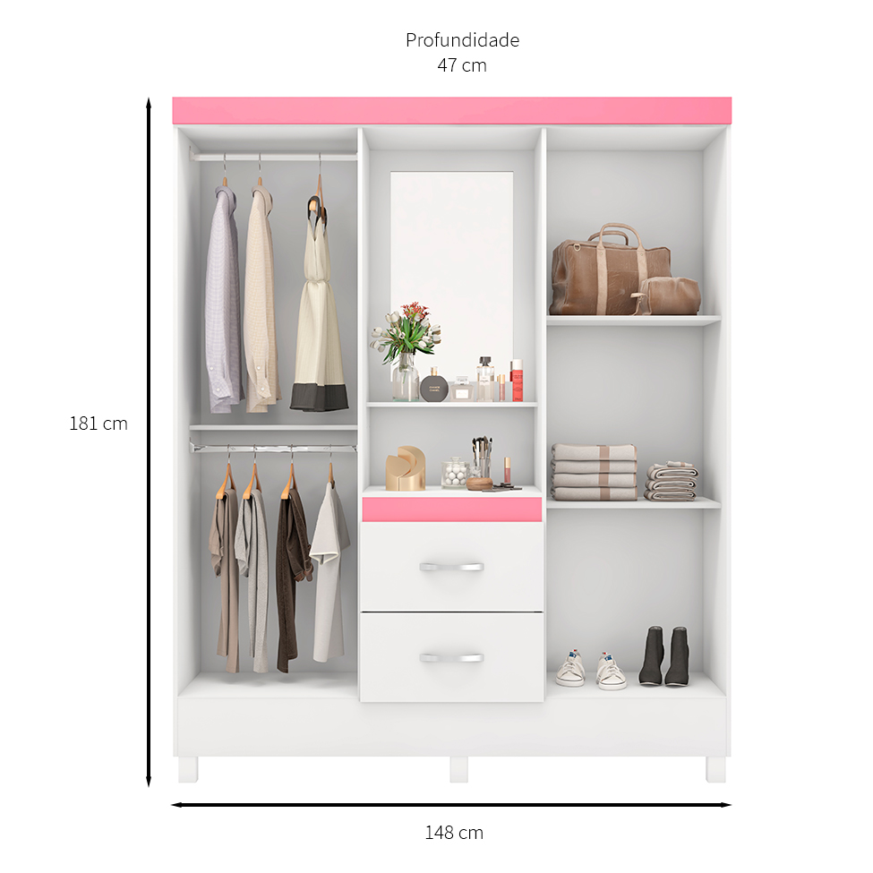Guarda-Roupa Solteiro com Espelho Lord 4 Portas 2 Gavetas Branco e Rosa