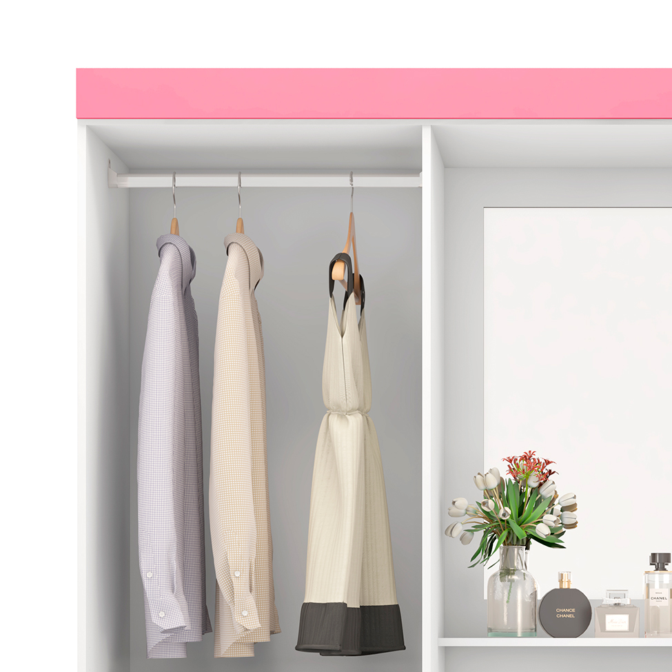 Guarda-Roupa Solteiro com Espelho Lord 4 Portas 2 Gavetas Branco e Rosa