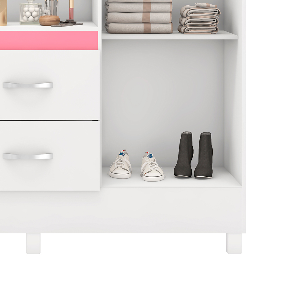 Guarda-Roupa Solteiro com Espelho Lord 4 Portas 2 Gavetas Branco e Rosa