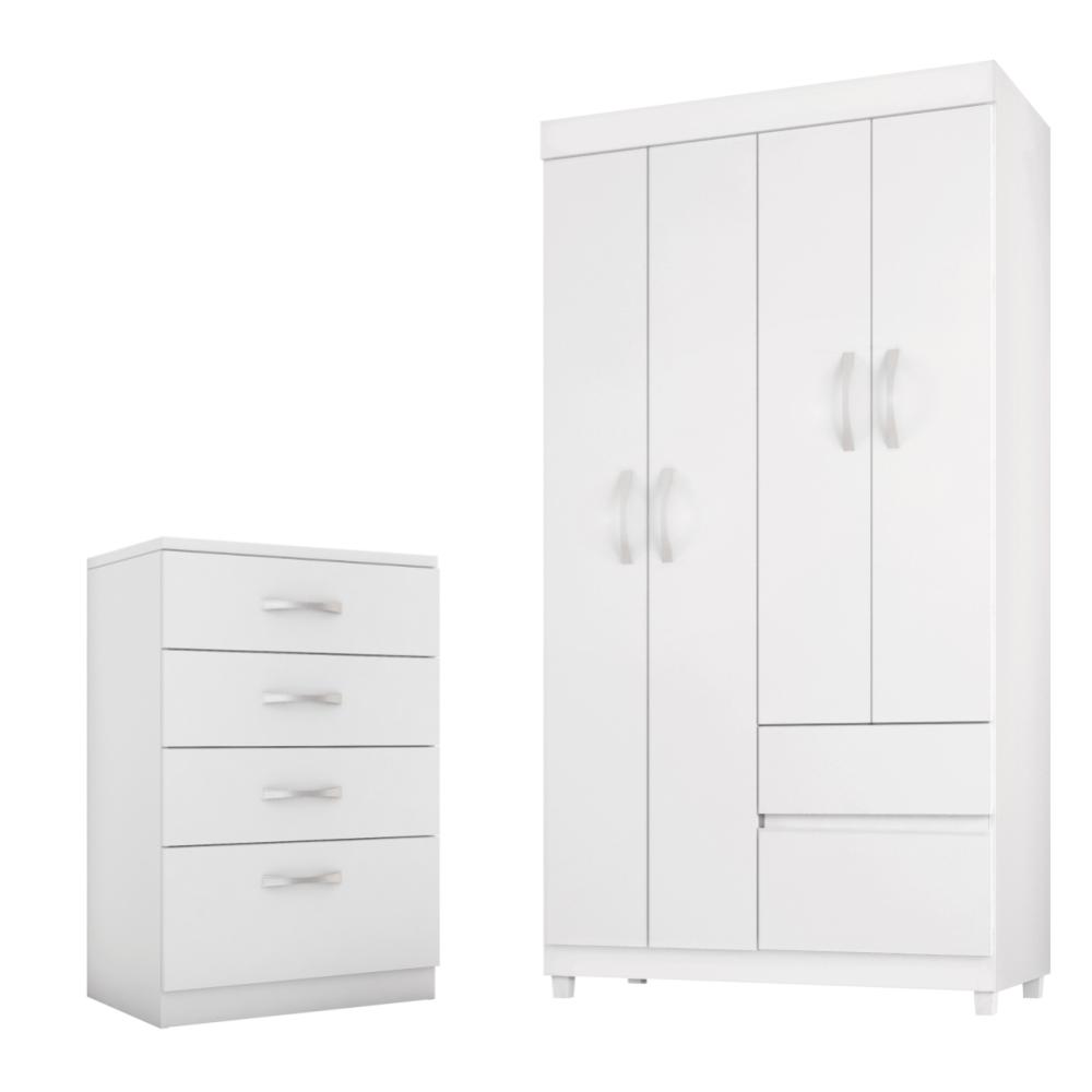 Jogo de Quarto Roupeiro e Comoda Mainz Branco Rosa