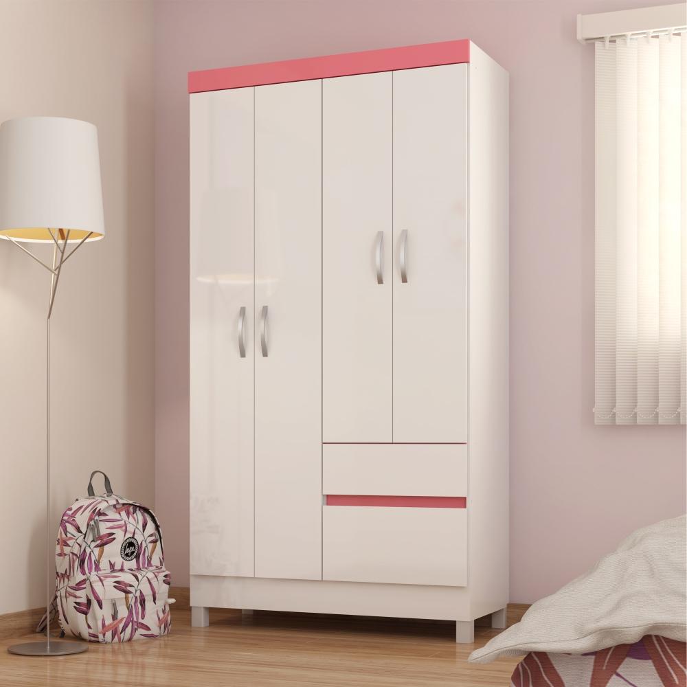 Jogo de Quarto Roupeiro e Comoda Mainz Branco Rosa