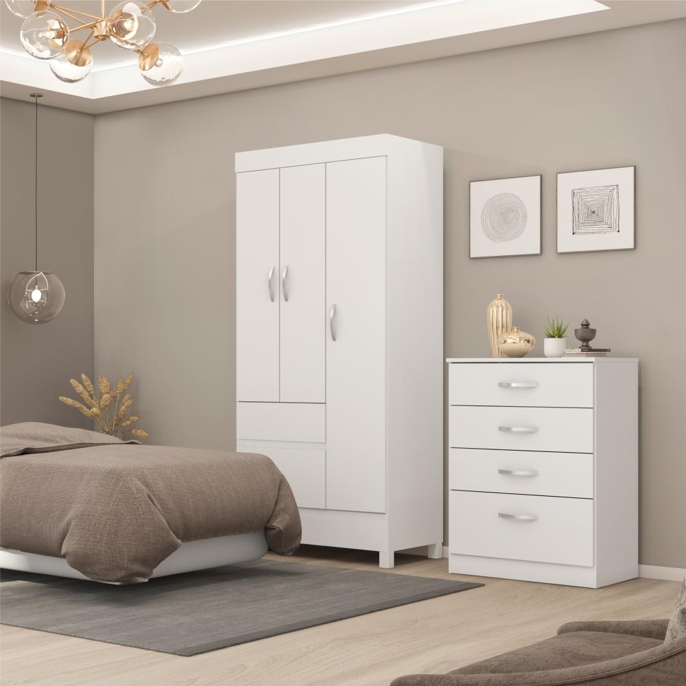 Jogo de Quarto Roupeiro e Comoda Smith Branco Rosa