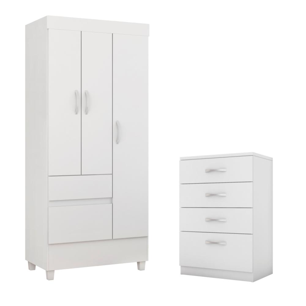 Jogo de Quarto Roupeiro e Comoda Smith Branco Rosa